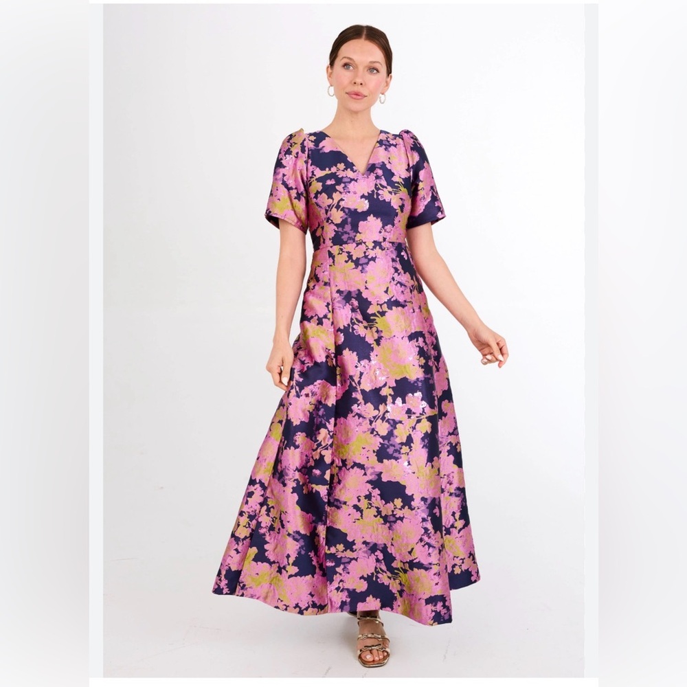 Abbey Glass brocade pink navy Mother of Bride Elegant Floral Women's Dress Large - Picture 4 of 6